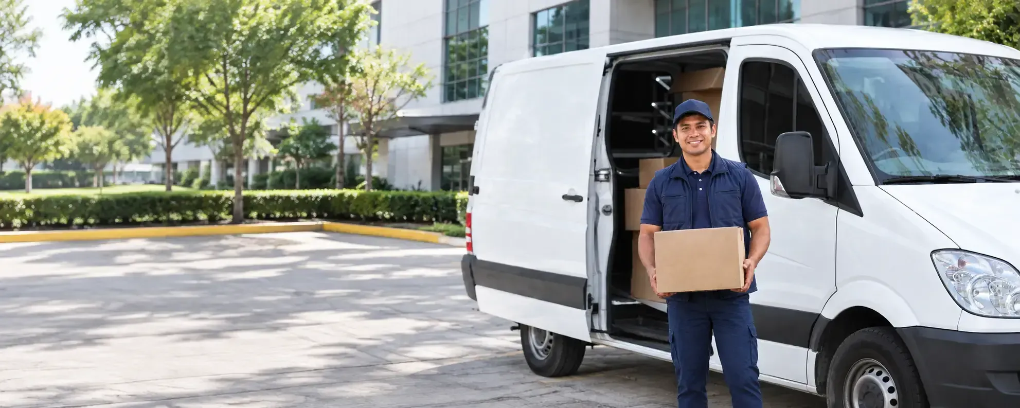 Smiling courier in a cap holding a package beside an open white delivery van