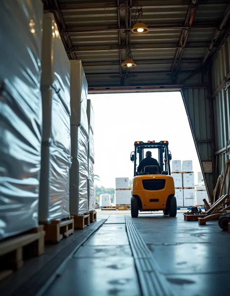 Forklift moving palletized freight at a technology facility receiving dock