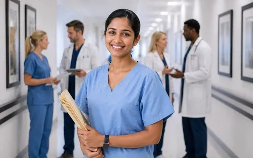 Healthcare courier with a transport case at a hospital receiving area
