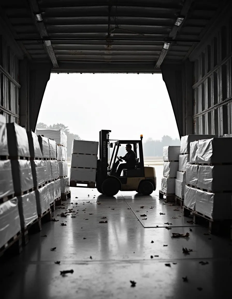 Forklift moving wrapped pallets through a warehouse loading bay