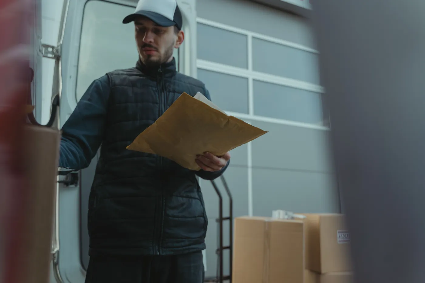 Couriers reviewing paperwork while loading packages into a delivery van