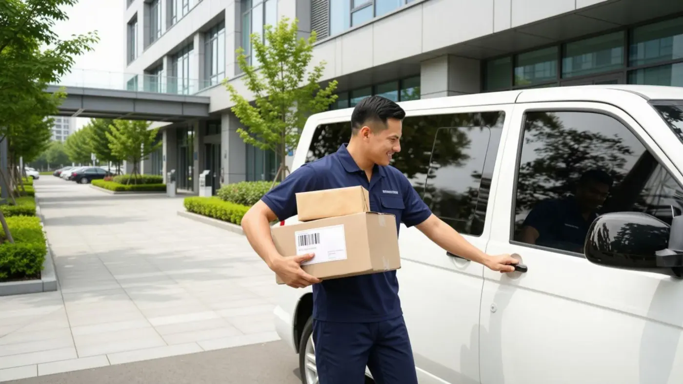 Courier carrying packages and opening a white van door outside an office building