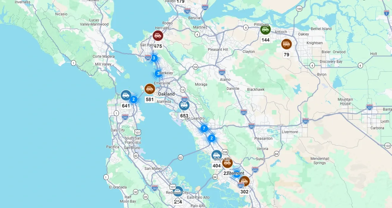 Delivery-management map view showing active courier locations across the San Francisco Bay Area